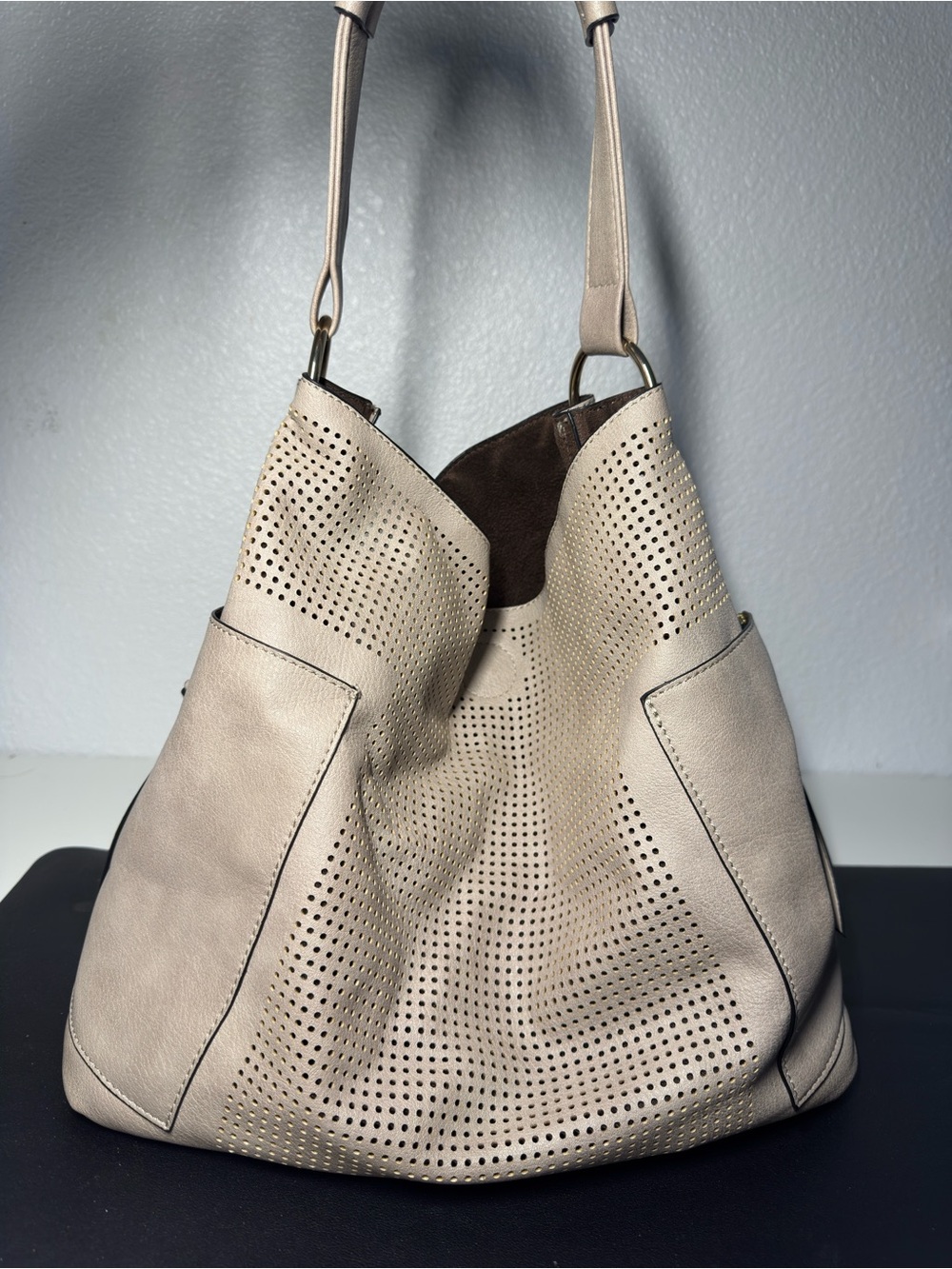 Beige Perforated Leather Shoulder Bag - Unbranded